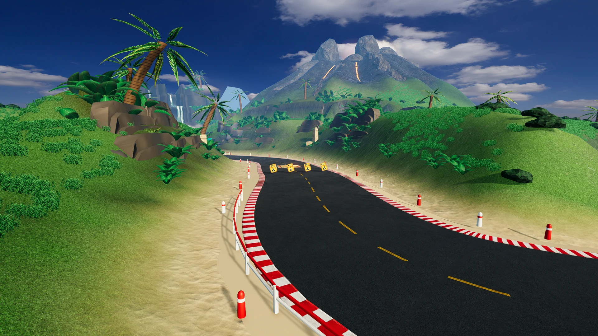 An island road with palms, item boxes, a waterfall and a lava-streaked volcano